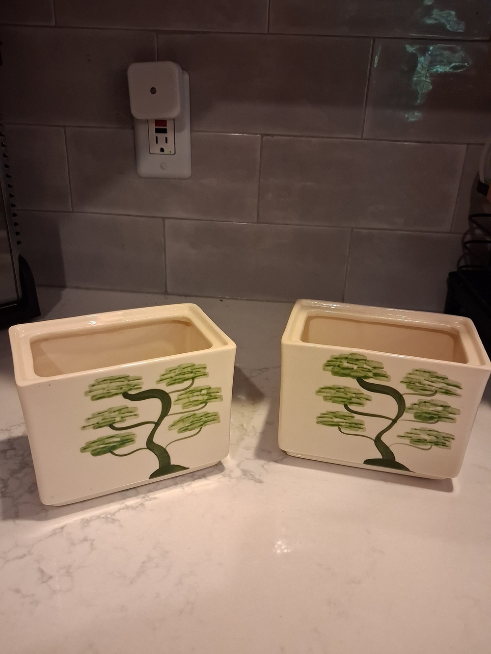 Vtg Norton Pillow Pottery Ming Tree Square Planters Pair Green Bonsai MCM